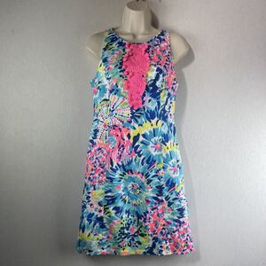 Lilly Pulitzer Adara Shift Dress Size 2 Blue Pink Dive In Beach Resort Preppy